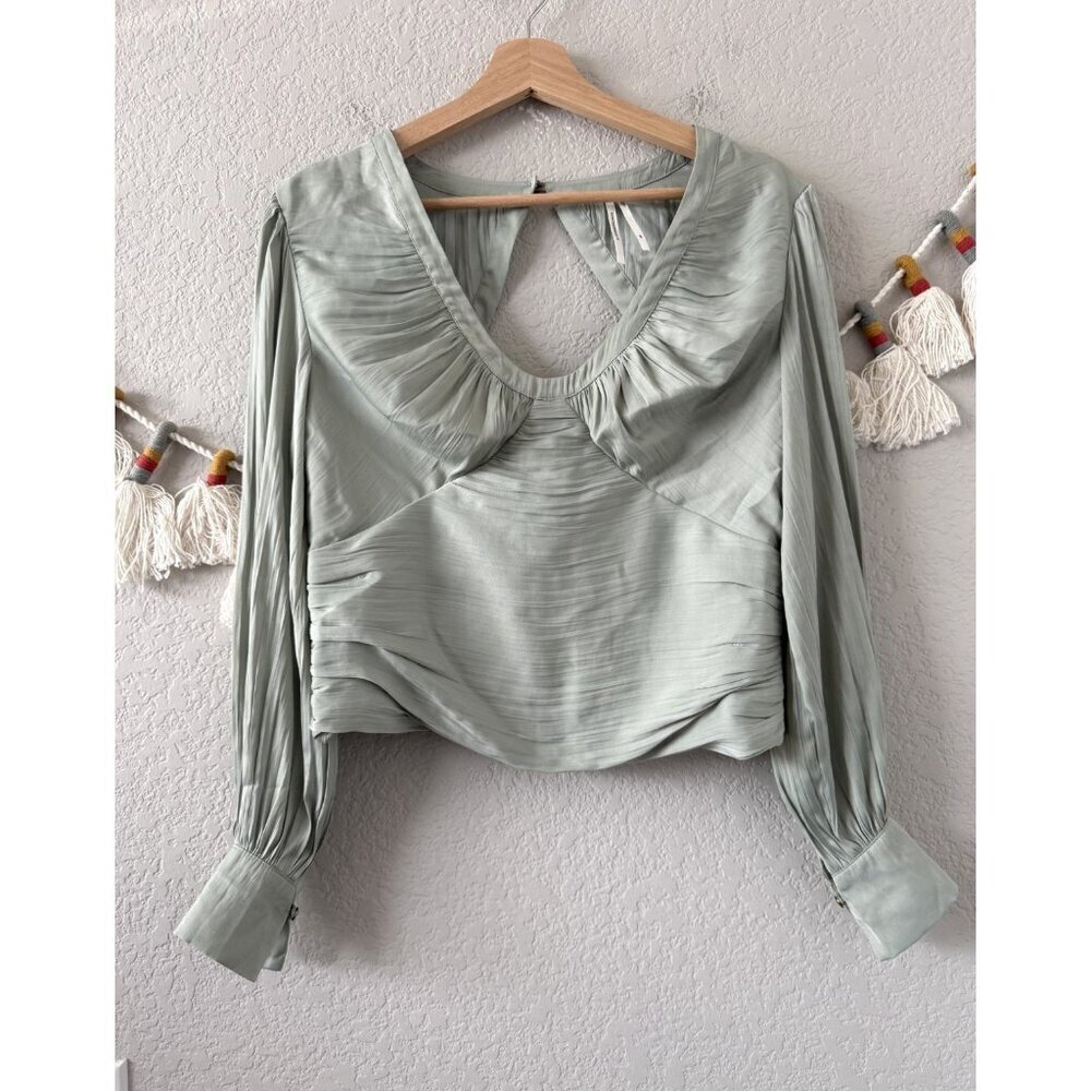 By Anthropologie Mint Green Blouson Corset Style Open Back Silky Top Elegant MP